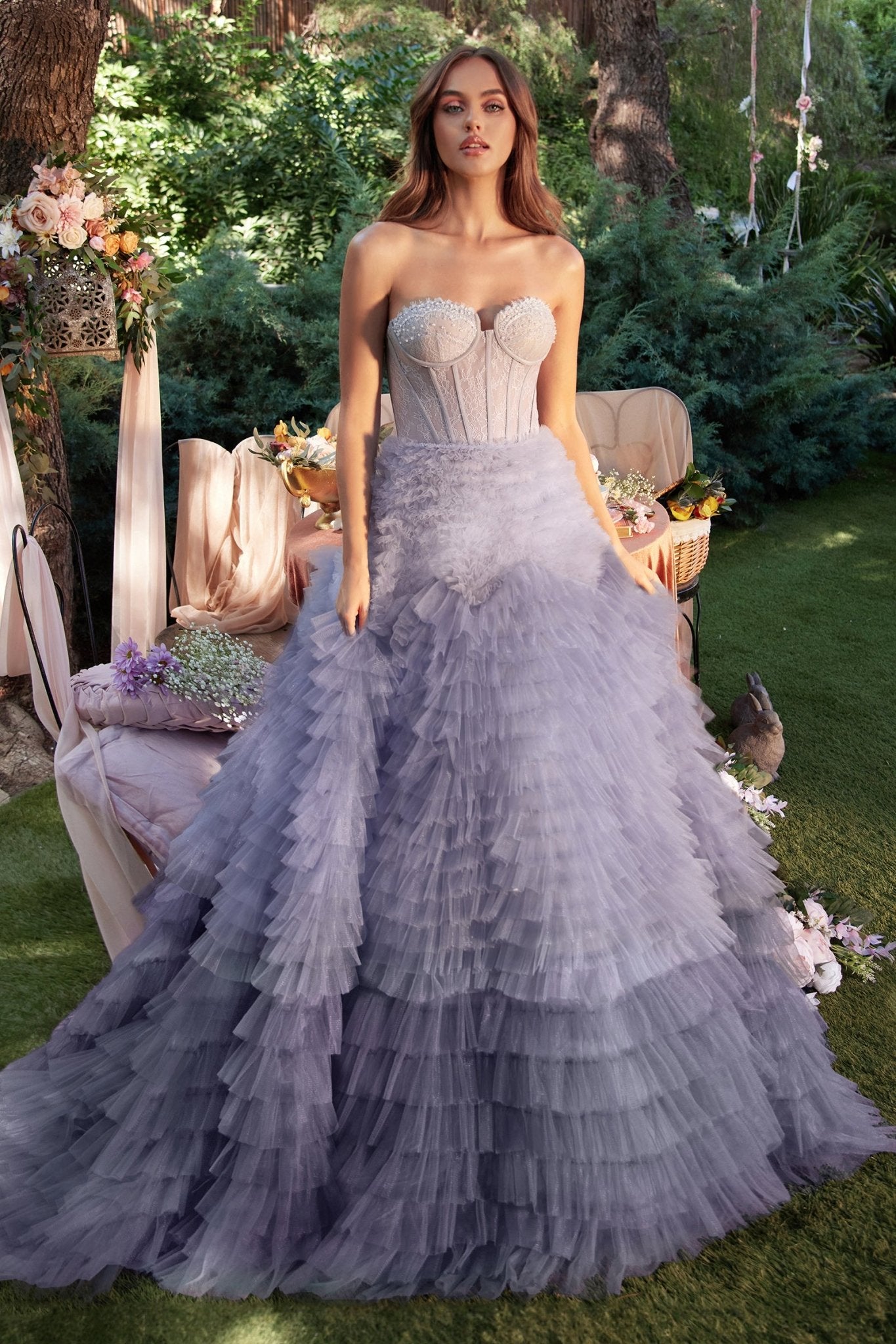 Strapless Faux Corset W/ Ruffled Ombre Ball Gown