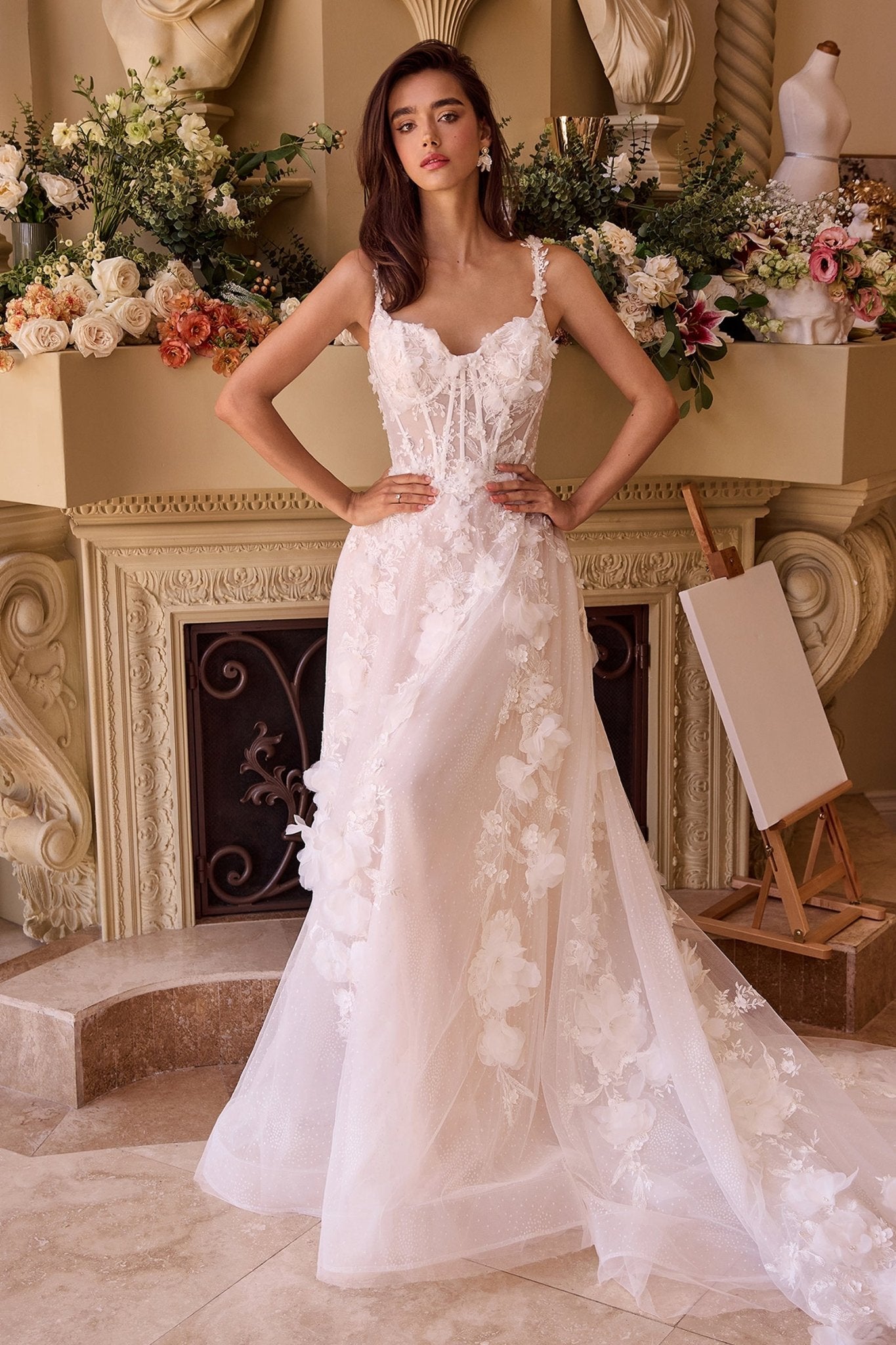 banded lace point d'esprit tulle wedding dress Floral Applique Point D'Esprit Tulle Wedding Dress