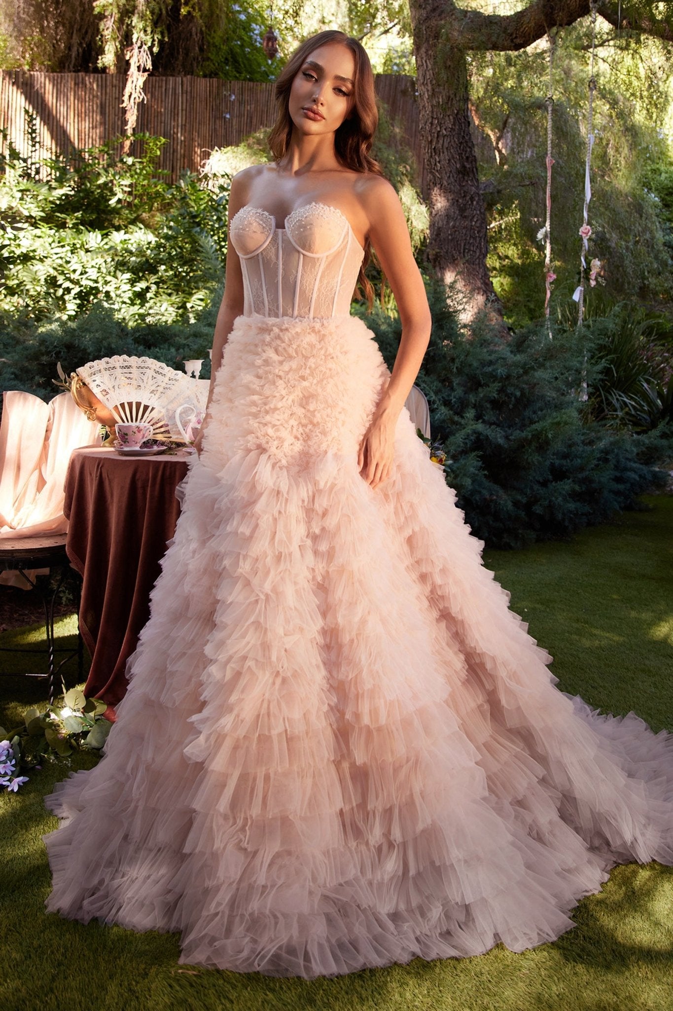 Strapless Faux Corset W/ Ruffled Ombre Ball Gown | Andrea & Leo Couture Strapless Faux Corset W/ Ruffled Ombre Ball Gown | Andrea & Leo Couture