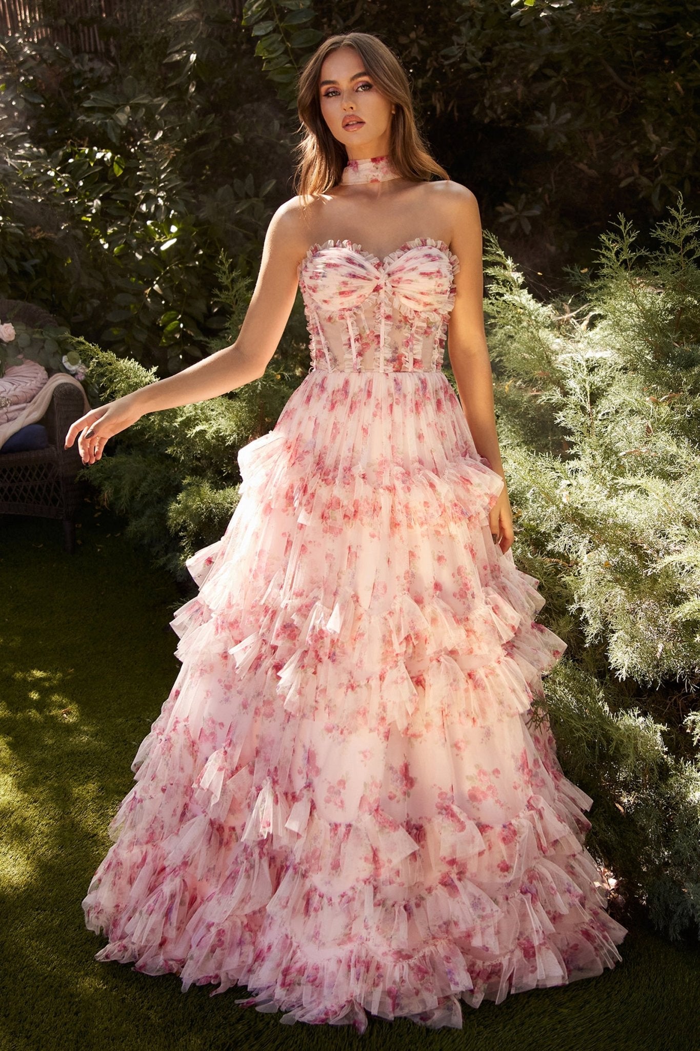 andrea and leo prom dress Long Pink A-Line Prom Dress with Multicolor Flowers Multi / 6