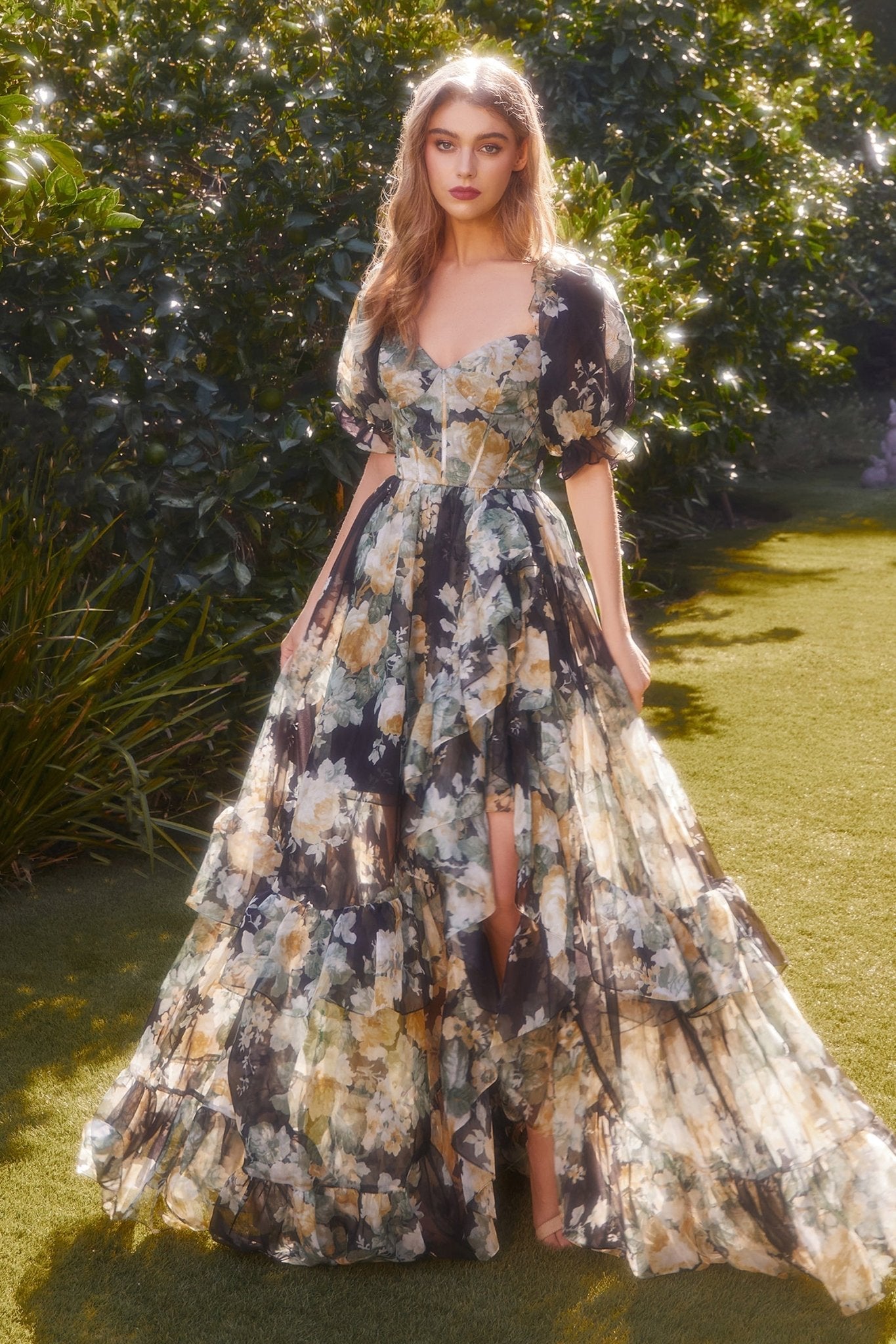 andrea floral applique pleated chiffon maxi dress A1396