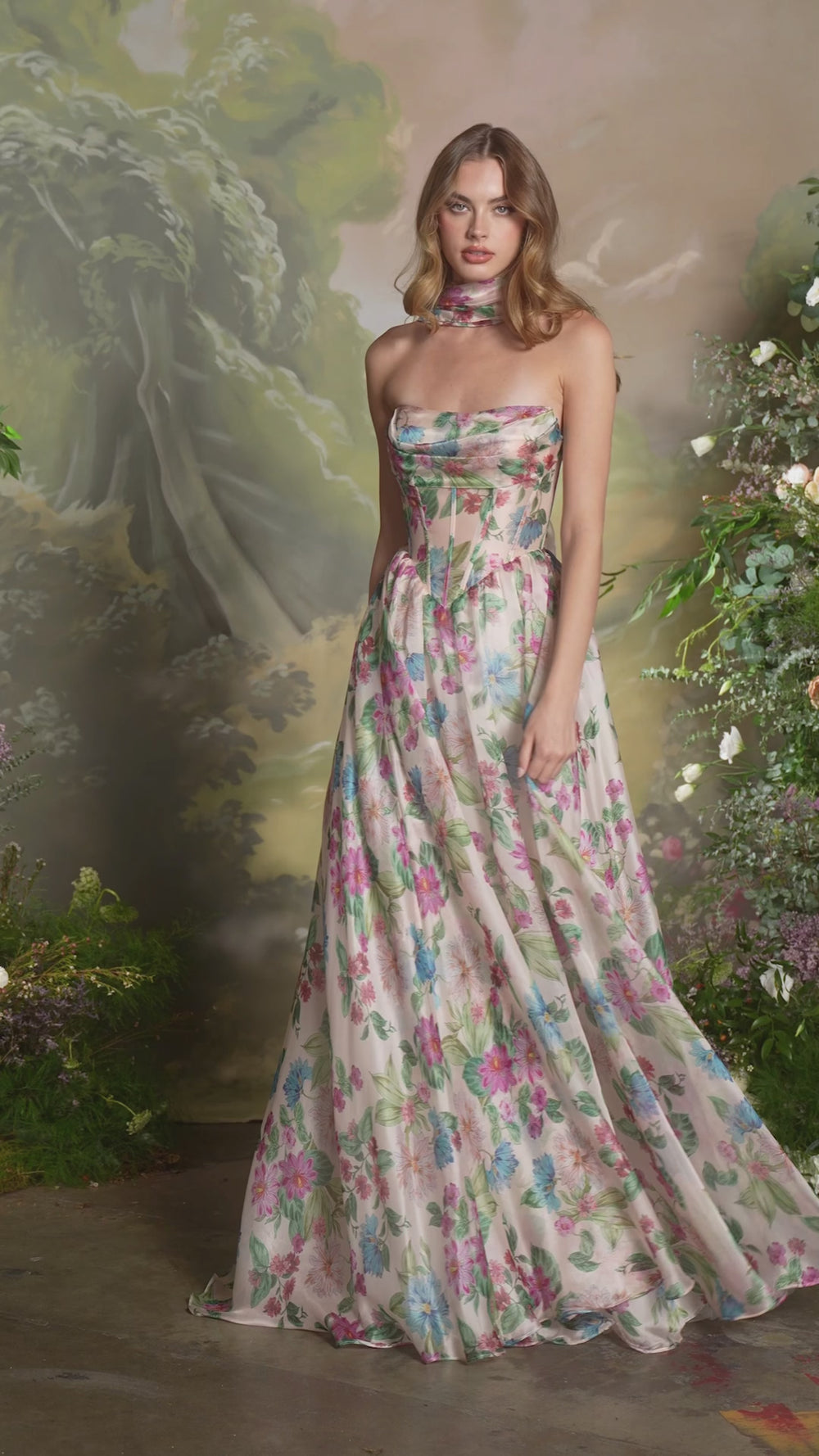 open lace back dress Portrait Of A Rose Printed Organza Gown